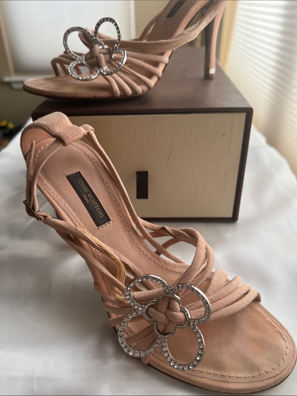 Authentic Louis Vuitton Monogram Flower Logo Crystal Rose pink  Suede Slingback